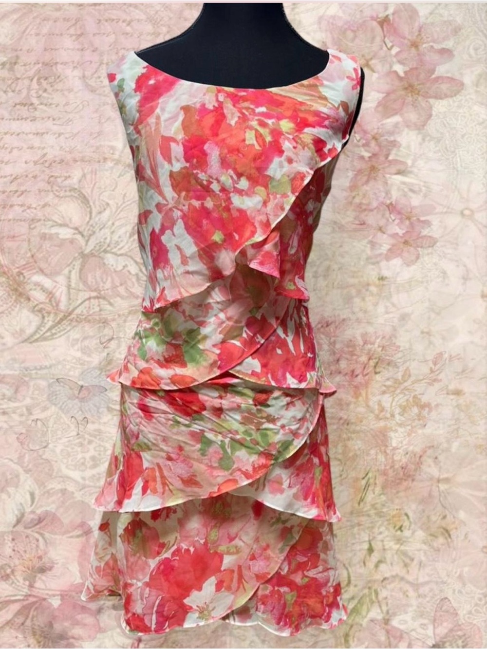 Y2K Fairycore Pink Floral Tiered Ruffle Midi Dress Size 12 Cottagecore Coquette
